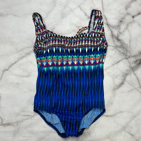 Swim Solutions Striped One Piece Swimsuit Strappy Back Size 12 Blue Slimming New - Picture 2 of 6
